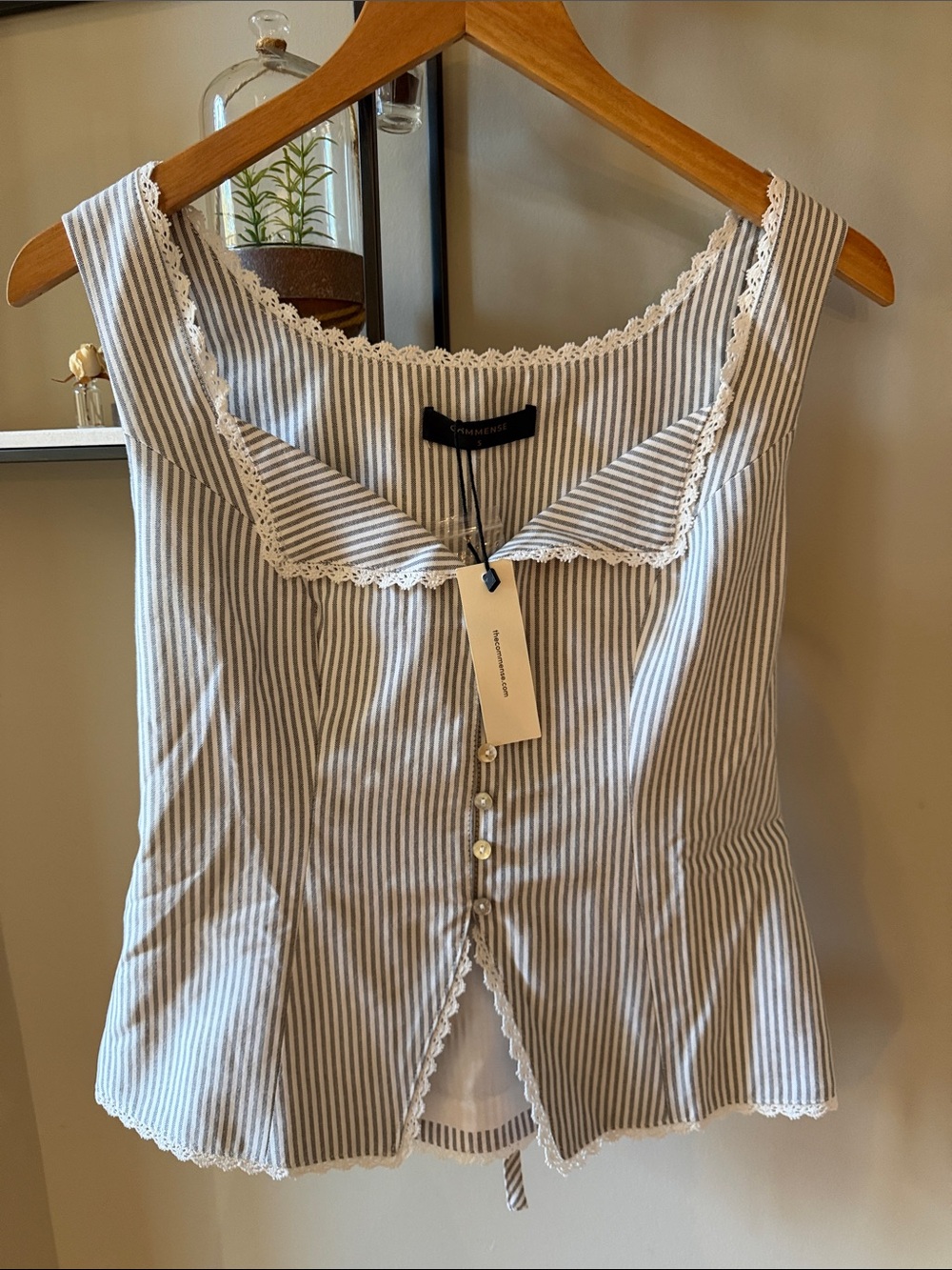 Striped Lace-Trim Button Front Tank Top - light grey by Commense
